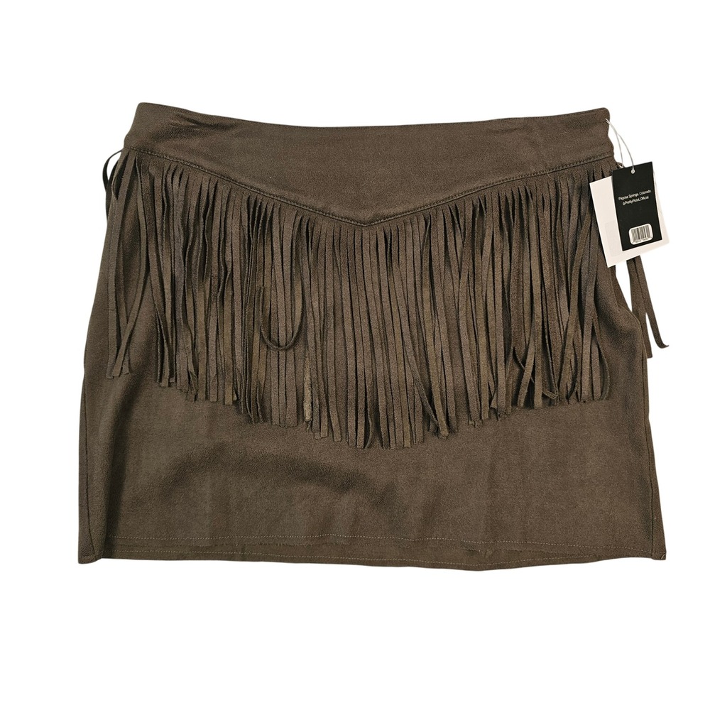 BCNU Faux Suede Fringe Mini Skirt Olive Brown Western Boho Festival NWT
